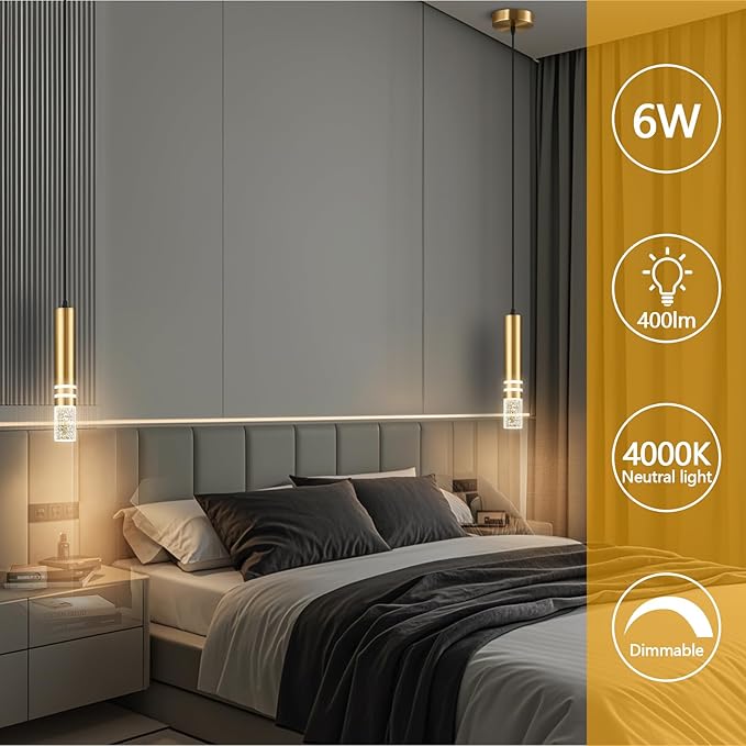 Pendant Lights Kitchen Island, Crystal Pendant Light Fixtures Mini 6W LED Modern Kitchen Pendant Lighting Over Sink and Living Room and Bedroom (Gold 2 Pack)