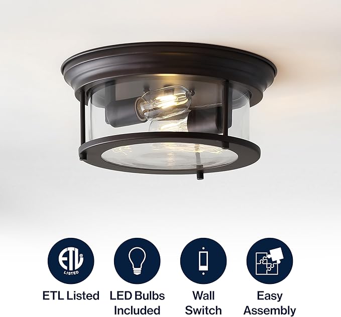 JONATHAN Y 13.25" Oil Rubbed Bronze/Clear 2-Light LED Flush Mount Ceiling Light Fixture, Modern Clear Glass Drum Shade, Industrial Farmhouse Lighting for Kitchen Hallway Bedroom (JYL7446B)