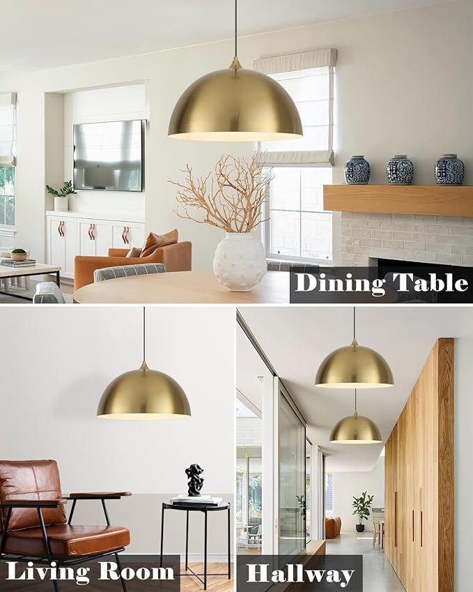 Gold Pendant Lights Kitchen Island, 16 Inch Gold Dome Pendant Light, Modern Farmhouse Pendant Light for Kitchen Island, Dining Room, Cafe, Bar, 2 Pack