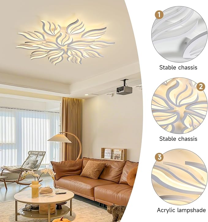 Becailyer Modern Flower Ceiling Lights, 45.2" Flush Mount Ceiling Lamp, 15-Petals Dimmable Acrylic Ceiling Lighting, 126W Close to Ceiling Fixture for Living Room Bedroom Dining Room Kitchen, White