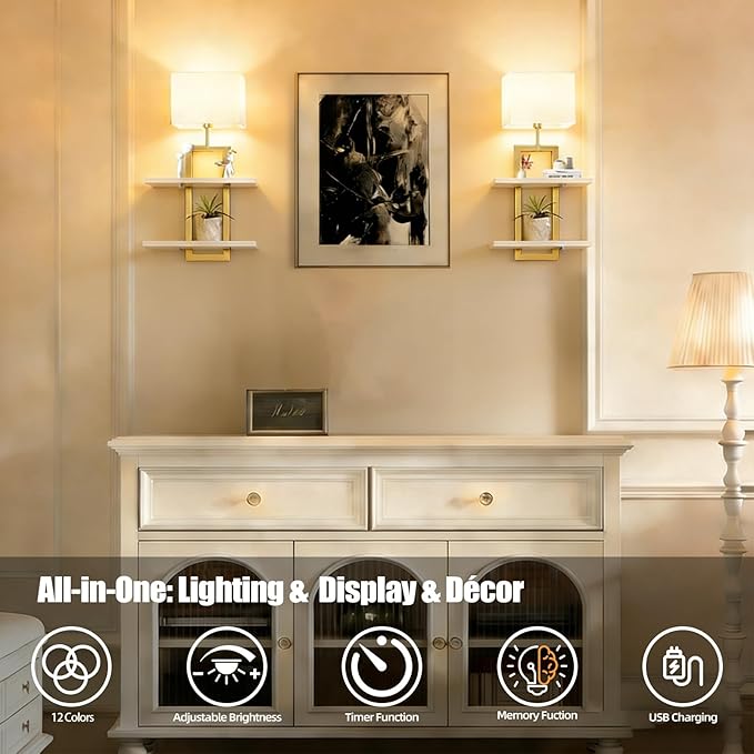 Set of 2 Battery Operated Wall Sconce with 2-Tier Shelf, Remote Wireless Rechargeable Dimmable Wall Lights with Floating Shelves, Wall Lamps for Bedroom Living Room Hallway Bathroom Decor, Gold