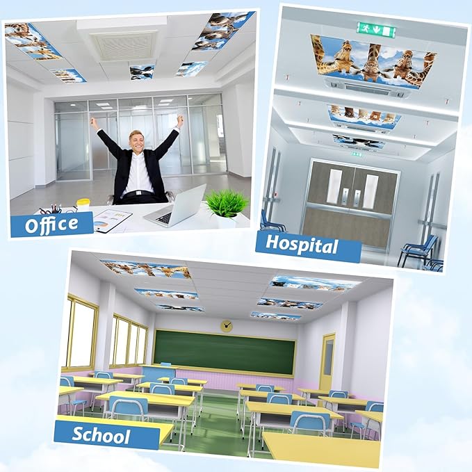 Wiooffen 8Pcs Fluorescent Light Covers with 80 Magnets Decorative for Classroom Ceiling Light 4 x 2 Ft Magnetic Light Cover Filter Easy Install for Office Hospitals & Home Drop Ceiling Supplies (Zoo)