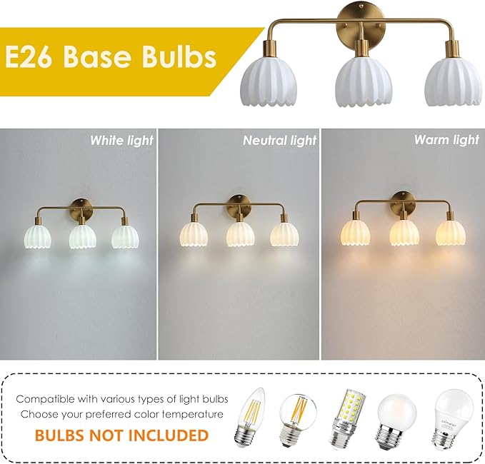 Brushed Gold 3-Light Vanlity Light Over Mirror,Wall Sconces,Gold Brass Bathroom Light Fixture with White Glass Flower Shade,E26 Socket(Bulbs Not Included)
