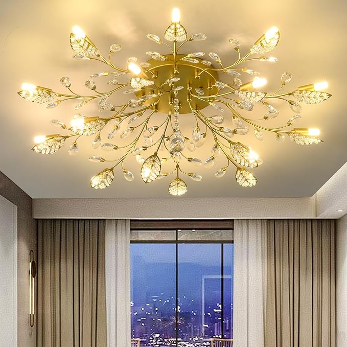 Crystal Ceiling Light Fixture Gold Leaves Semi Flush Mount Ceiling Lights,Kitchen Lighting Fixtures Ceiling for Bedroom Living Room Dining Room Hallway