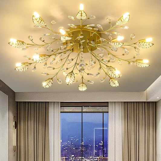 Crystal Ceiling Light Fixture Gold Leaves Semi Flush Mount Ceiling Lights,Kitchen Lighting Fixtures Ceiling for Bedroom Living Room Dining Room Hallway
