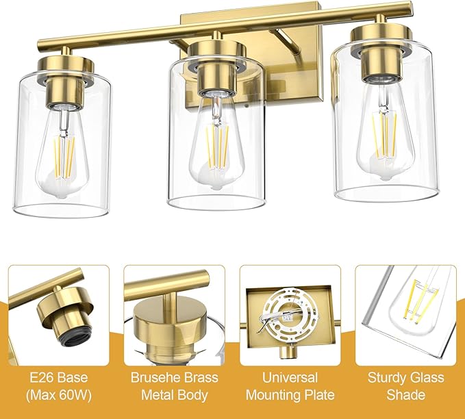 Gold Bathroom Light Fixtures, Modern Bathroom Vanity Light with Clear Glass Shade, 3 Lights Brushed Brass Bath Wall Mount Lights, Gold Wall Sconce for Kitchen Bedroom Hallway Living Room Hallway