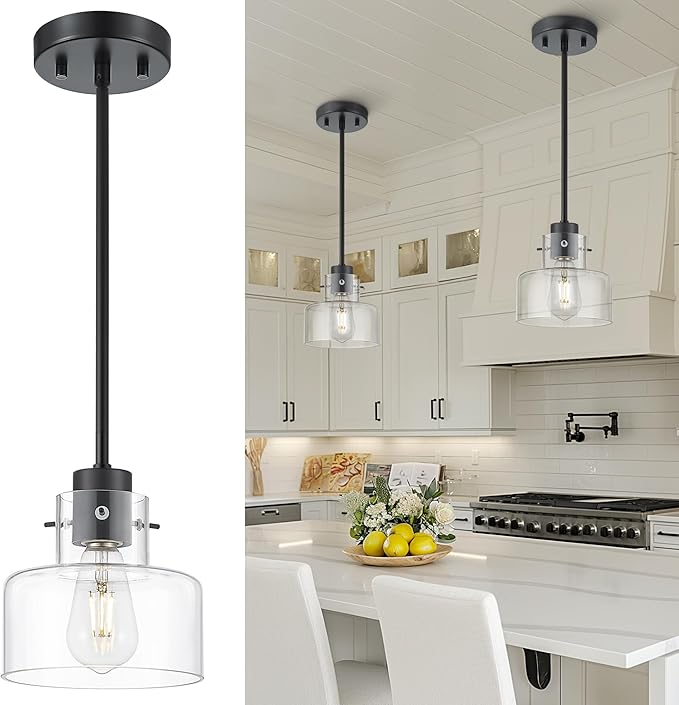 Matte Black Pendant Lights Kitchen Island, 6" Pendant Light Fixtures Over Island with Clear Glass Shade, Modern Kitchen Island Lighting for Dining Room Entryway, PL124-MB-G-1PK