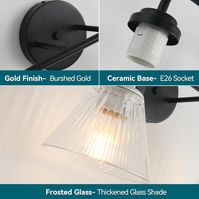 Modern Black Bathroom Vanity Light, 2-Light Wall Sconce with Clear Ribbed Glass Shades, Farmhouse Industrial Light Fixture for Bathroom, Vanity Mirror, Powder Room, Hallway (black, Powder Coated, 2)