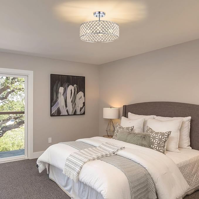 Chrome Crystal Ceiling Light Fixture,Modern Semi Flush Mount Ceiling Lighting Fixture,Round Small Chandelier for Dining Room, Hallway, Entryway, Kitchen, Bedroom,Foyer,4 Light,15.7 inch