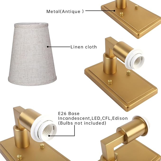 Wall Sconce 1-Light Fixture Antique Finish with Linen Fabric Shade, E26 Hardwired Indoor Wall Light for Vanity Bathroom Living Room Bedside Nightstand Light