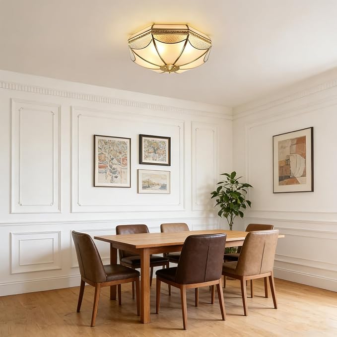 Brass Flush Mount Ceiling Light,3-Lights Dining Room Light Fixture,Frosted Glass Gold Lighting Fixture,Vintage Style Ceiling Lamp for Living Room Bedroom