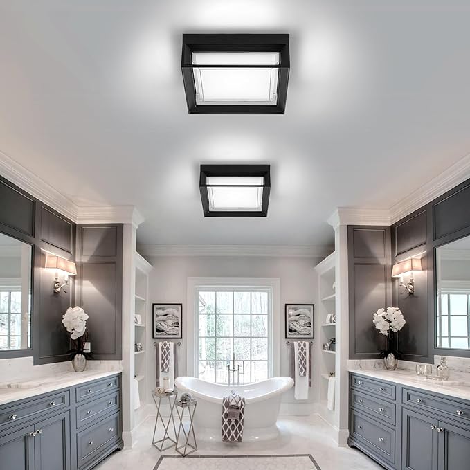 Square Flush Mount Outdoor LED Ceiling Light Fixture, 120V 24W 6000K Whitelight 9 inch Medium Overhead Porch Patio Balcony Lights Ceiling Mounted, Waterproof Suitable for Wet Areas, Black