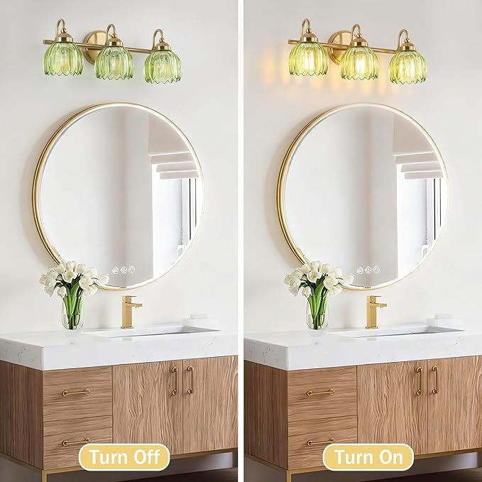 Vintage Bathroom Light Fixtures, Brass Vanity Lights with Green Tulip Glass Shade, Vanity Sconces for Bathroom Bedroom Living Room Hallway, 3-Light