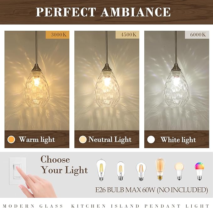 Brushed Nickel Pendant Lights Kitchen Island 2 Pack, Modern Glass Pendant Light Fixtures with Hammered Glass and Rods, Adjustable Small Hanging Light for Kitchen Sink Dining Room Bathroom