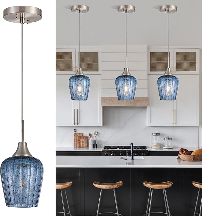 Viinew Mini Glass Pendant Light,5.4" Tulip Flower Shape Dark Blue Glass Hanging Light,1-Pack Handblown Clear Blue Seeded Shade Adjustable Cord Ceiling Light Fixture for Kitchen Island Sink