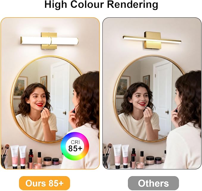 OOWOLF 17.3Inch Modern Vanity Light Fixture with Switch, 12W 5000K Led Bathroom Light Fixture Over Mirror, Hardwired, 1200LM Gold Vanity Light Bar for Mirror Bedroom Hallway Living Room