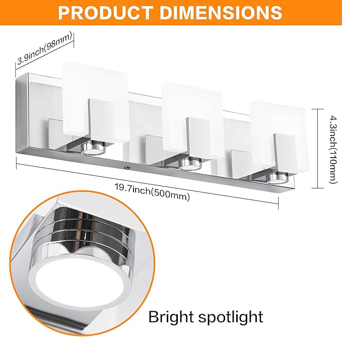 SOLFART Bathroom Vanity Lights Over Mirror 3 Lights Modern Chrome Bath Light Fixtures Stainless Steel Acrylic Shade