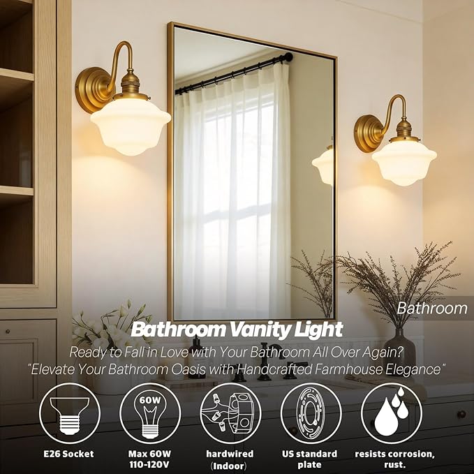 Vintage Wall Sconces Antique Brass Gold Bathroom Vanity Light with Milk Glass Hardwire Wall Sconce Light Lamp for Bathroom Mirror Living Room Bedroom Kitchen Indoor