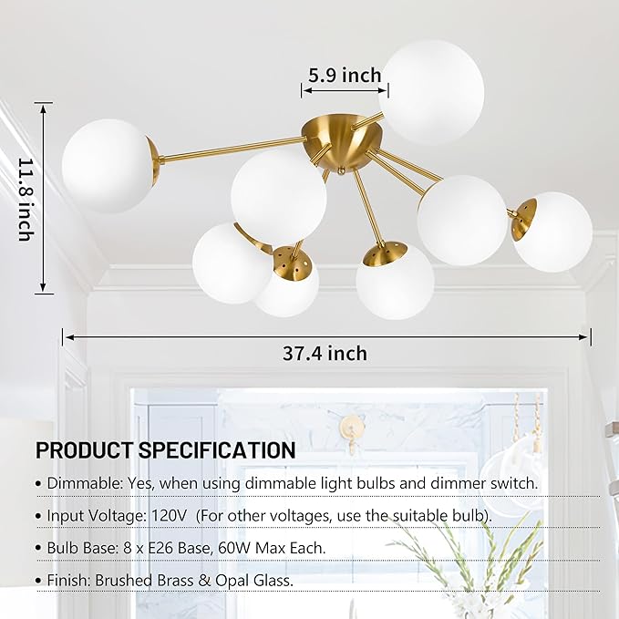 8 Light Mid Century Modern Ceiling Light Semi Flush Mount Ceiling Light Fixture Globe Lights Sputnik Chandelier with Milk Glass Shade Brushed Brass Finish for Bedroom Hallway Living Room
