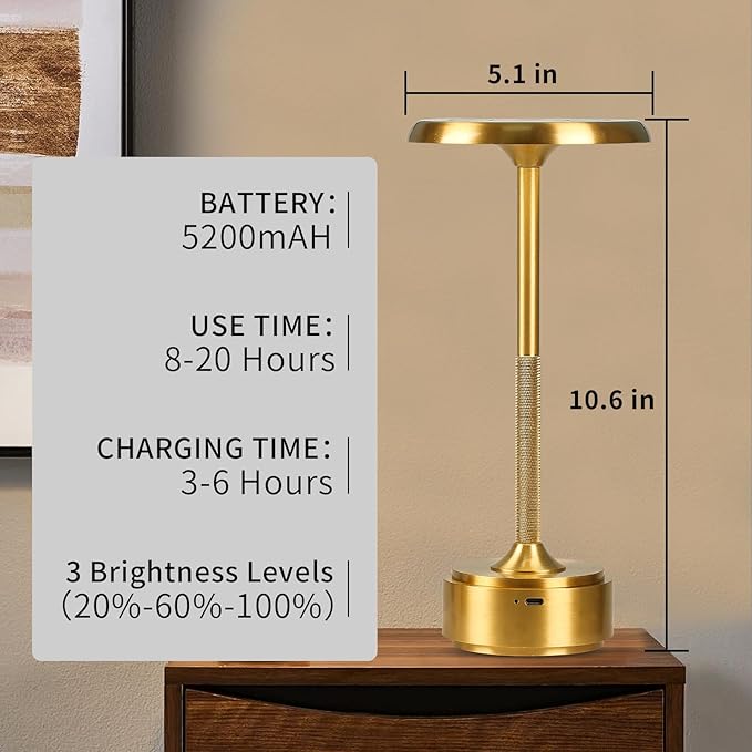 HAPYGI 5200mAh Rechargeable Cordless LED Table Lamps Touch Sensor Light, 3-Levels Portable Dimming Wireless Battery Operated Lamp,Night Light/Restaurant Table/Outdoor/Coffee/Bar (Gold)