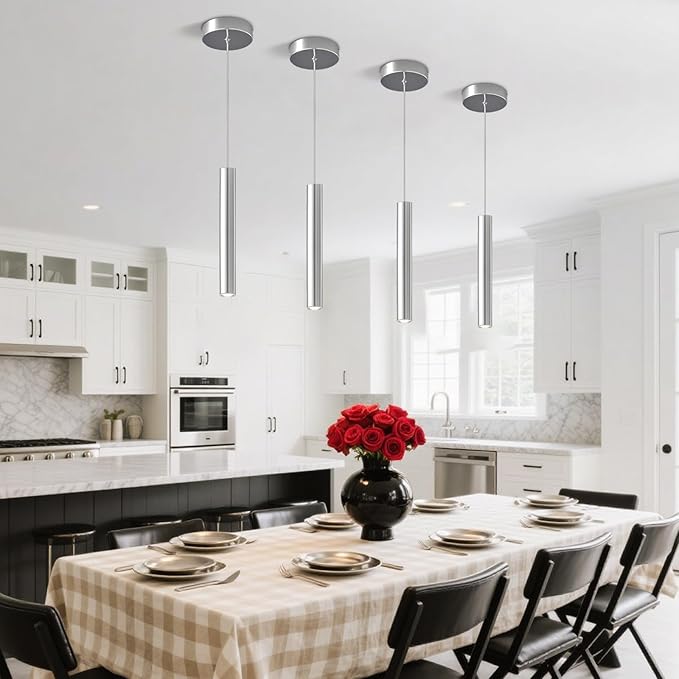 Modern LED Pendant Light Fixtures Chrome Long Tube Pendant Lights 2 Pack Pendant Lighting for Bedroom Dining Room Bar Kitchen Island Hanging Light Height Adjustable, 3000K, 11.8inch