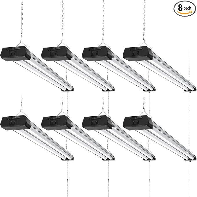 Barrina BS42a 4FT LED Shop Light, 42W, 5000K, 4800LM, Linkable Led Garage Ceiling Lights, Workshop, Hanging or Flush Mount, Concealed Wiring Design, Pull Chain Switch, Heat Dissipation, 8 Packs