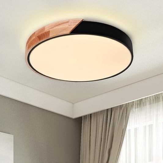 EDISLIVE Ceiling Light Dimmable 15 inch Modern Minimalist LED Round Shaped Wood & Metal & Acrylic Flush Mount Ceiling Light with Remote Control Black