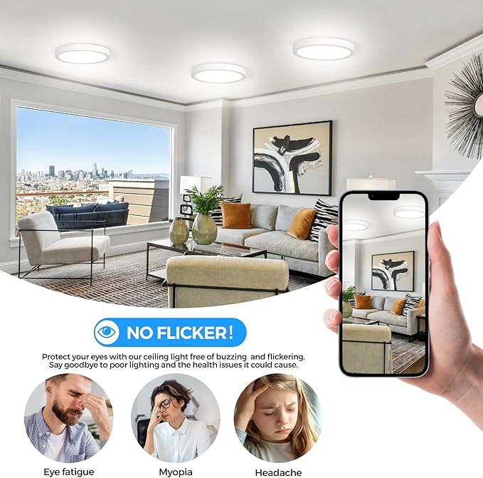 4-Pack 7Inch Dimmable Flush Mount LED Ceiling Lights 5000K Daylight White, 100W Equivalent Flat Ceiling Mount Lights, 15W 1500LM Bright Small Round Light Fixtures for Closet Basement Hallway Kitchen