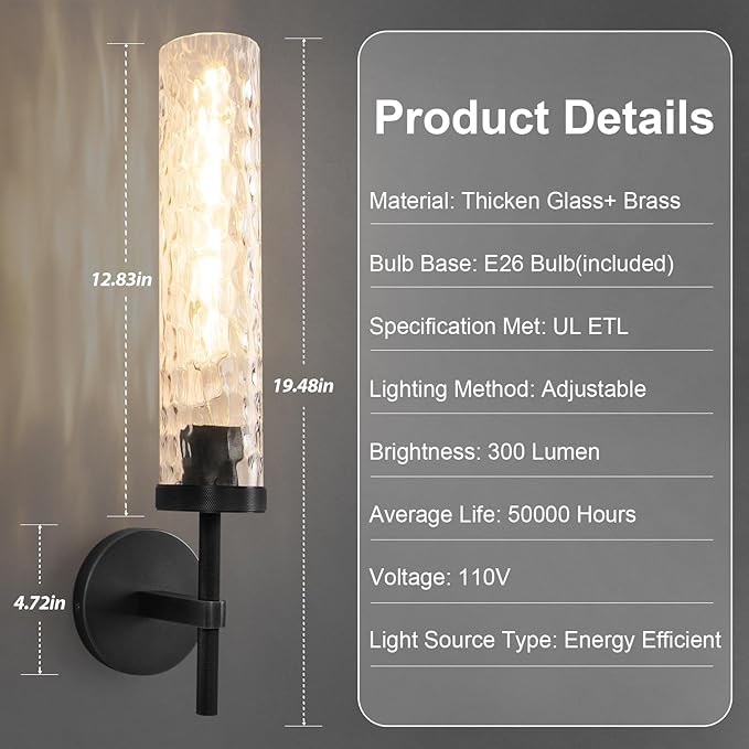Black Wall Sconces, 19.5'' Knurled Bathroom Sconces Wall Lighting with Water Ripples Lampshade, Dimmable Indoor Vanity Wall Light Fixtures Decor for Living Room Hallway Bedroom Stairs