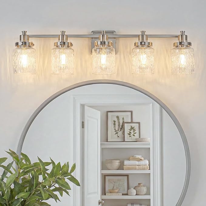 5 Lights Bathroom Light Fixtures Farmhouse Brushed Nickel Vanity Lights for Bathroom Lighting Fixtures Over Mirror with Hammered Glass Lampshade for Cabinet Mirror Bedroom Hallway