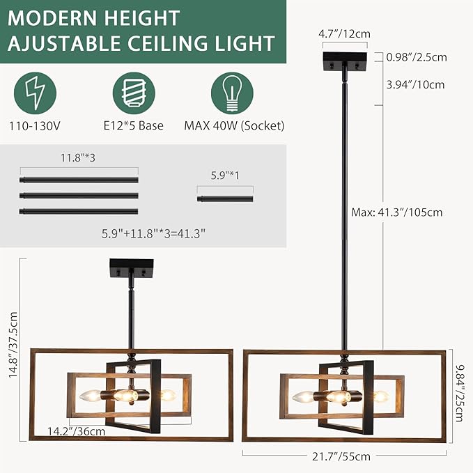Farmhouse Chandelier, 5-Light Geometric Ceiling Light Fixture, 22" Adjustable Height Pendant Lighting for Living Room Foyer Entryway Dining Room Faux Walnut Grain