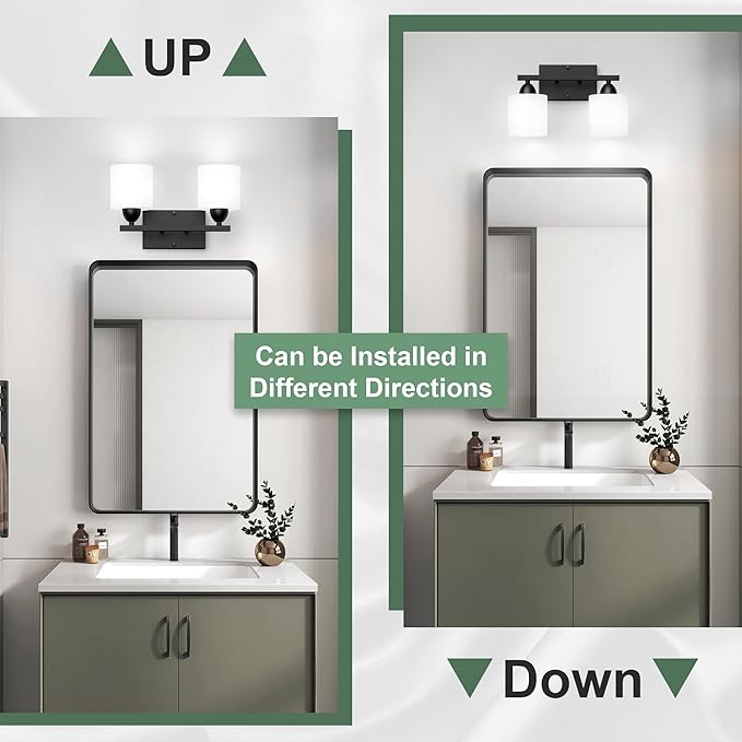Black Bathroom Lights Over Mirror, Anti-rust Vanity Light Fixture for Bathroom, Modern 2-Light Wall Sconce Light for Living Room, Standard E26 Base, Milky White Glass Shades, Bulbs Not Included