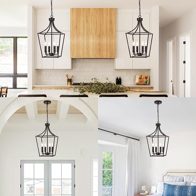 4-Light Farmhouse Lantern Chandelier, Height Adjustable Pendant Light Fixture Hanging Kitchen Lighting for Foyer Dining Room Over Table, E12 Bulb Base & Oil Rubbed Bronze