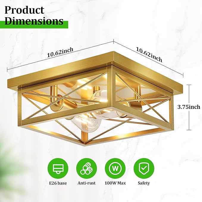 Gold Hallway Light Fixtures Ceiling, 2-Light Farmhouse Vintage Flush Mount Ceiling Lights, 2-Pack Brass Metal Kitchen Light Fixtures, Close to Ceiling Lights for Bedroom Living Room Entryway
