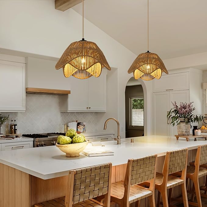 Rattan Pendant Light Fixtures,1 Light Boho Hanging Light, Farmhouse Hand Woven Wicker Chandelier, Adjustable Flush Mount Ceiling Hanging Lamp for Bedroom Dining Room Kitchen Island Hallway