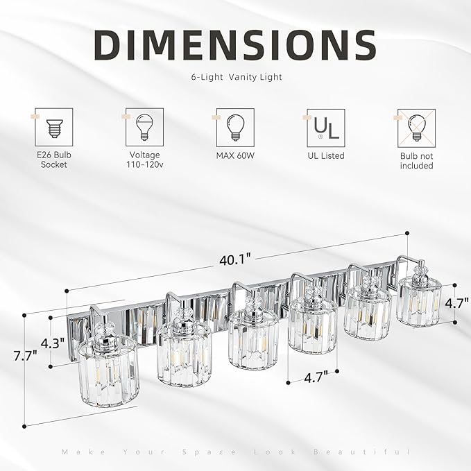 6-Light Modern Bathroom Light Fixture Chrome Bathroom Vanity Lights Over Mirror Wall Sconce Lighting with K9 Crystal Shades E26 Base for Bedroom, Living Room, Hallway Wall Lamp