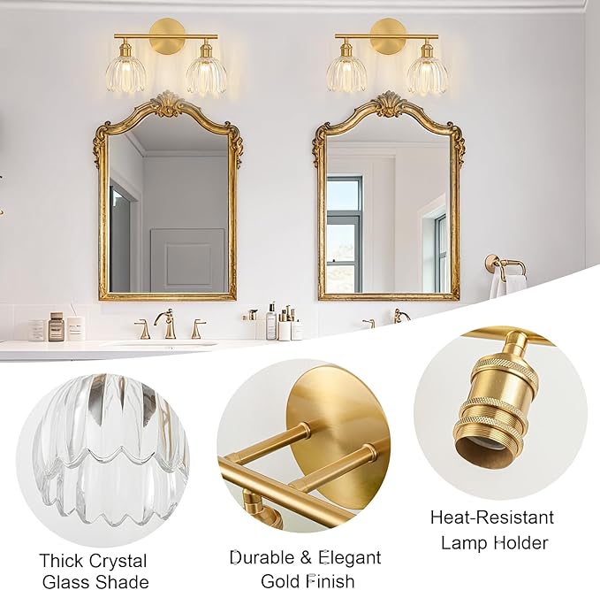 Gold Bathroom Light Fixtures Over Mirror, 2 Light Bathroom Vanity Light Fixture with Tulip Transparent Glass Lampshade, Vintage Vanity Lights for Bathroom, Bathroom Vanity Lights Over Mirror