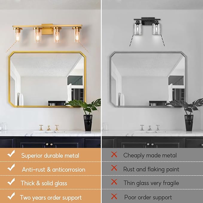 27in Bathroom Light Fixture Over Mirror, 4-Light Gold Vanity Lights with Clear Glass Shades, Modern Wall Sconces for Living Room, Bedroom, Hallway, E26 Base