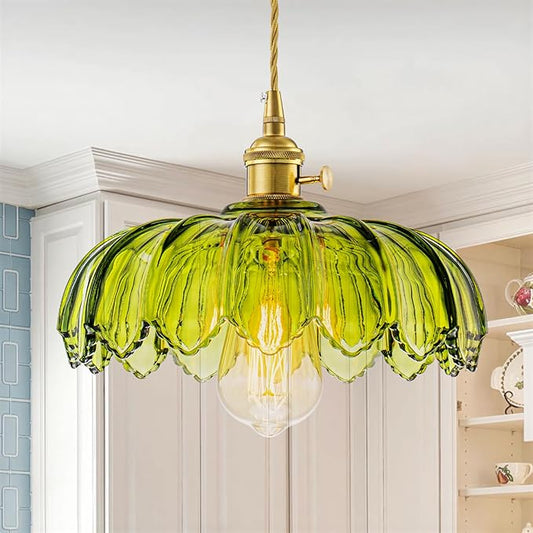 EDSILIVE Vintage Flower Glass Pendant Lights Kitchen Island 9.84" Antique Flower Green Glass Hanging Ceiling Light Fixture with Adjustable Brass Twine Wire for Dining Room Kitchen Table, Gold Green