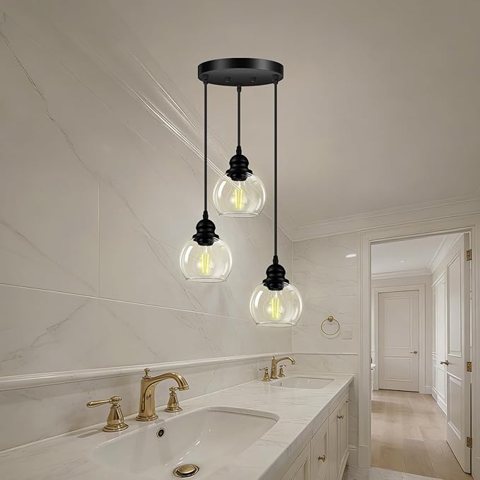 3-Light Pendant Light, Hanging Ceiling Lamp with Clear Glass Shade, Matte Black Pendant Lighting Adjustable Height Industrial Retro Style Hanging Light, for Kitchen Island Bedroom(E26 Base,No Bulb)