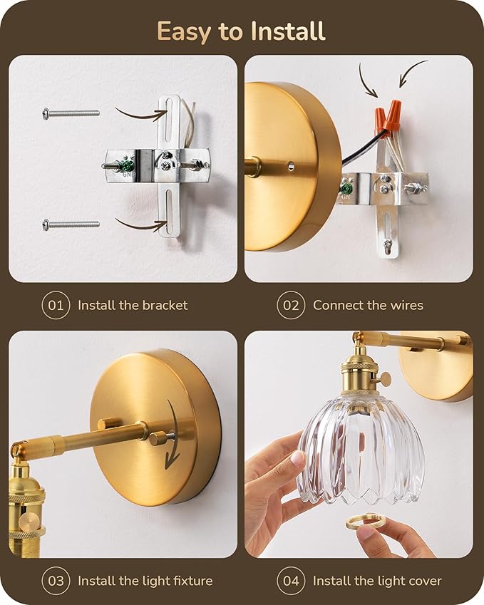 EDISHINE Hardwired Vintage Wall Sconces Set of Two, Brass Gold Wall Lamp with Transparent Tulip Glass Lampshade 180° Adjustable, Modern Wall Lighting Fixtures with Switch for Bathroom Bedroom Hallway