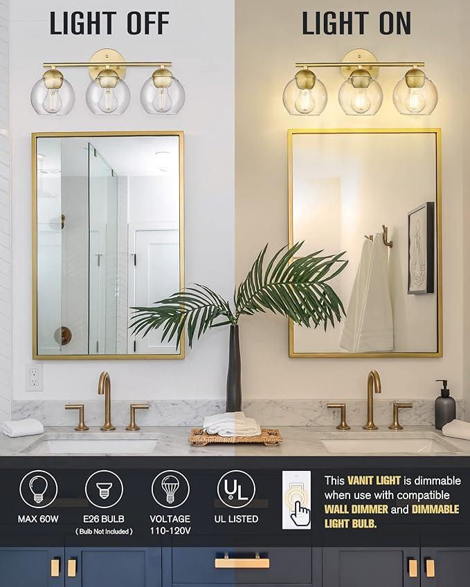 Emak 3-Light Gold Bathroom Light Fixtures Over Mirror, Globe Clear Glass Bathroom Vanity Lights, VL114-GDL-3