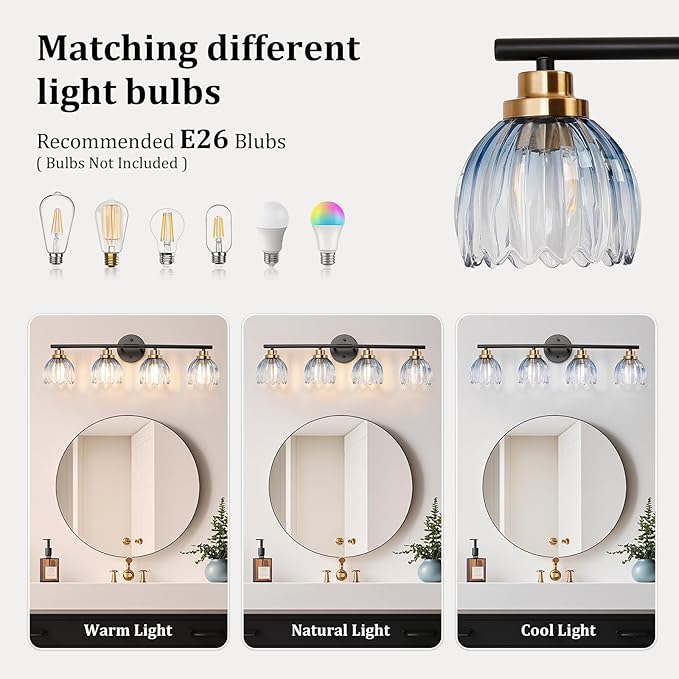 TALOYA Bathroom Vanity Light Fixtures, 4-Light Black and Gold Wall Lights for Mirror with Gradient Blue Tulip Glass Shades, Over Sink Lighting for Bedroom, Living Room, Hallway,Farmhouse