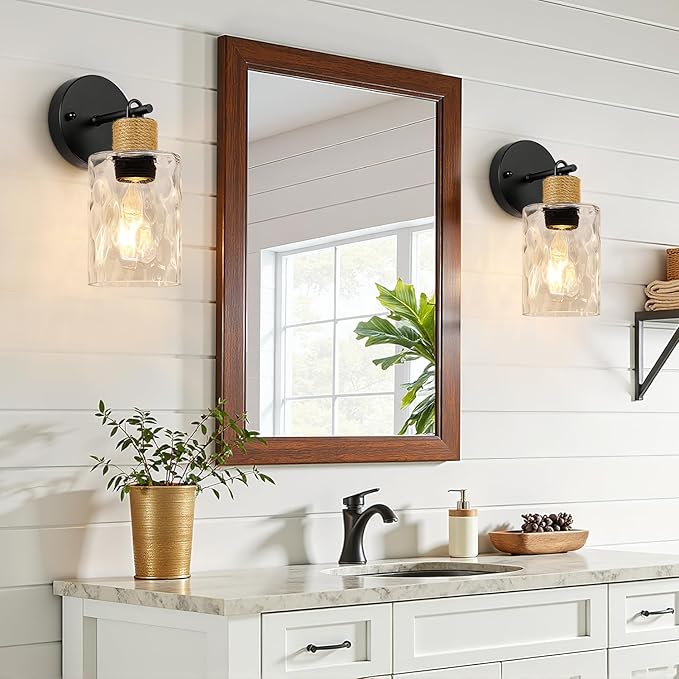MOKATNG Set of 2 Wall Sconces for Bathroom, Coastal Modern Vanity Lights with Clear Glass Shade, Black Bathroom Wall Lamp for Mirror Kitchen Living Room Hallway Cabinet Porch