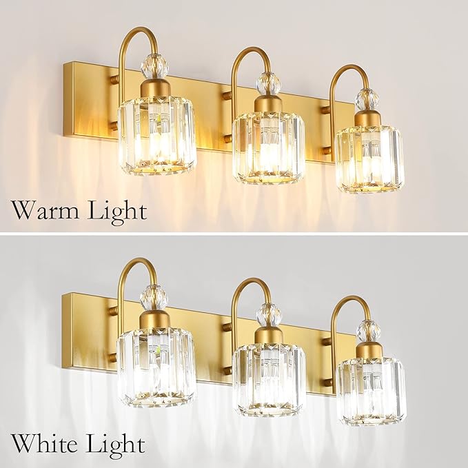 Ralbay Gold Bathroom Vanity Lights 3-Lights Gold Crystal Vanity Lights Over Mirror Modern Crystal Bathroom Vanity Lighting Fixtures