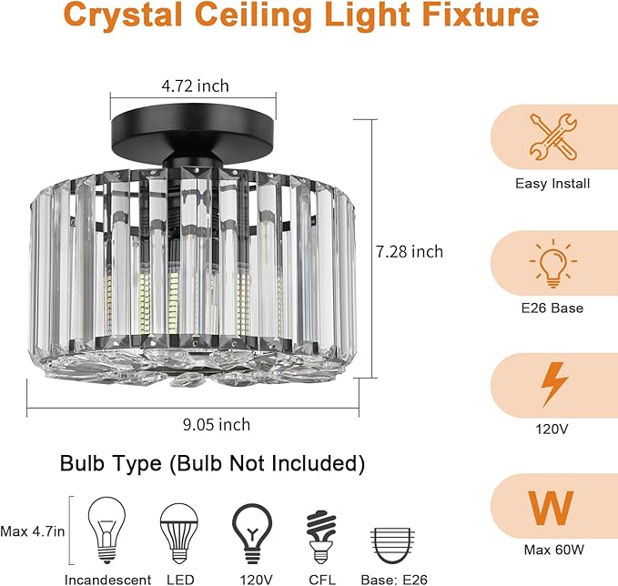FRIDEKO HOME Crystal Ceiling Light - Black Small Chandelier Semi Flush Mount Ceiling Light Fixture Modern Lights for Hallway Bathroom Kitchen Entryway (9.05 Inch, Bulb not Included)