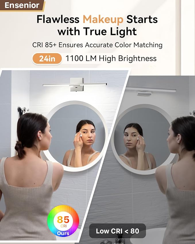 Ensenior Modern Brushed Nickel Bathroom Vanity Light 24 inch, Built-in Dimmer, 1100LM Dimmable 5CCT Led Bath Lights, Bar Vanity Light for Bathroom Mirror Cabinets Bedroom-FCC & ETL Certificated