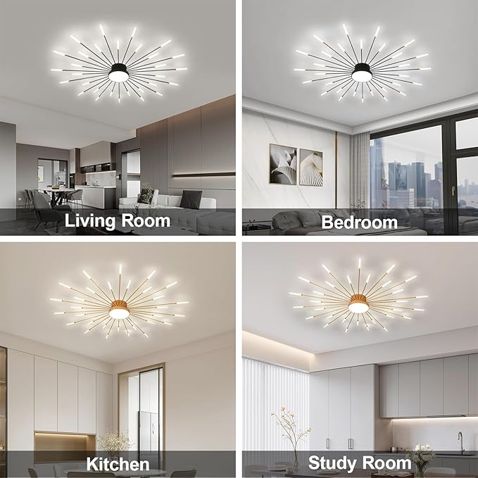 JAYMP 50.4" Ceiling Light Modern Flower Shape Ceiling Lamp for Living Room Dining Room Flush Mount Metal Acrylic Sputnik Firework Petal LED Lighting Fixture (Matte Gold, 30+1 Lights)