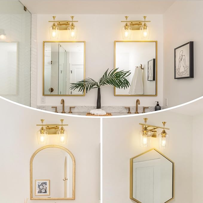 Bathroom Light Fixtures (2-Light, 14 Inch), Brushed Gold Vanity Lights for Bathroom with Clear Wine Glass Glass Shade, Modern Vanity Wall Lights for Mirror Bedroom Living Room Kitchen Hallway Porch