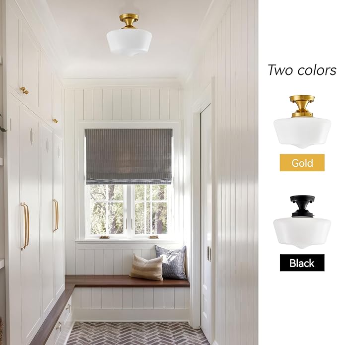 youngrender Schoolhouse Light Fixture Modern Gold Ceiling Light,Semi Flush Mount Ceiling Light,12''Wide Opal Milk Glass Shade,Brass Vintage Light for Farmhouse Bedroom Kitchen Hallway Entryway